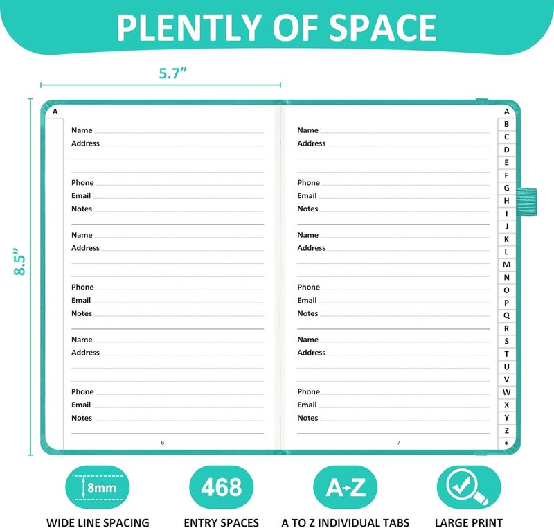 COMKISO Store Address Book with Individual Alphabetical Tabs Laminated, Large Print Address Book with 468 Wide Lining Entry Spaces, Change of Address Labels, Hardcover Address Book 5.7 x 8.5" - Aquamarine - Image 3